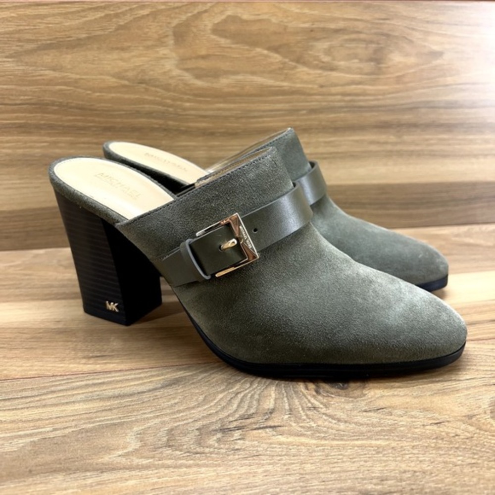 Michael‎ Kors Womens Size 10 M Heel Mules Olive Suede Block Heel Buckle